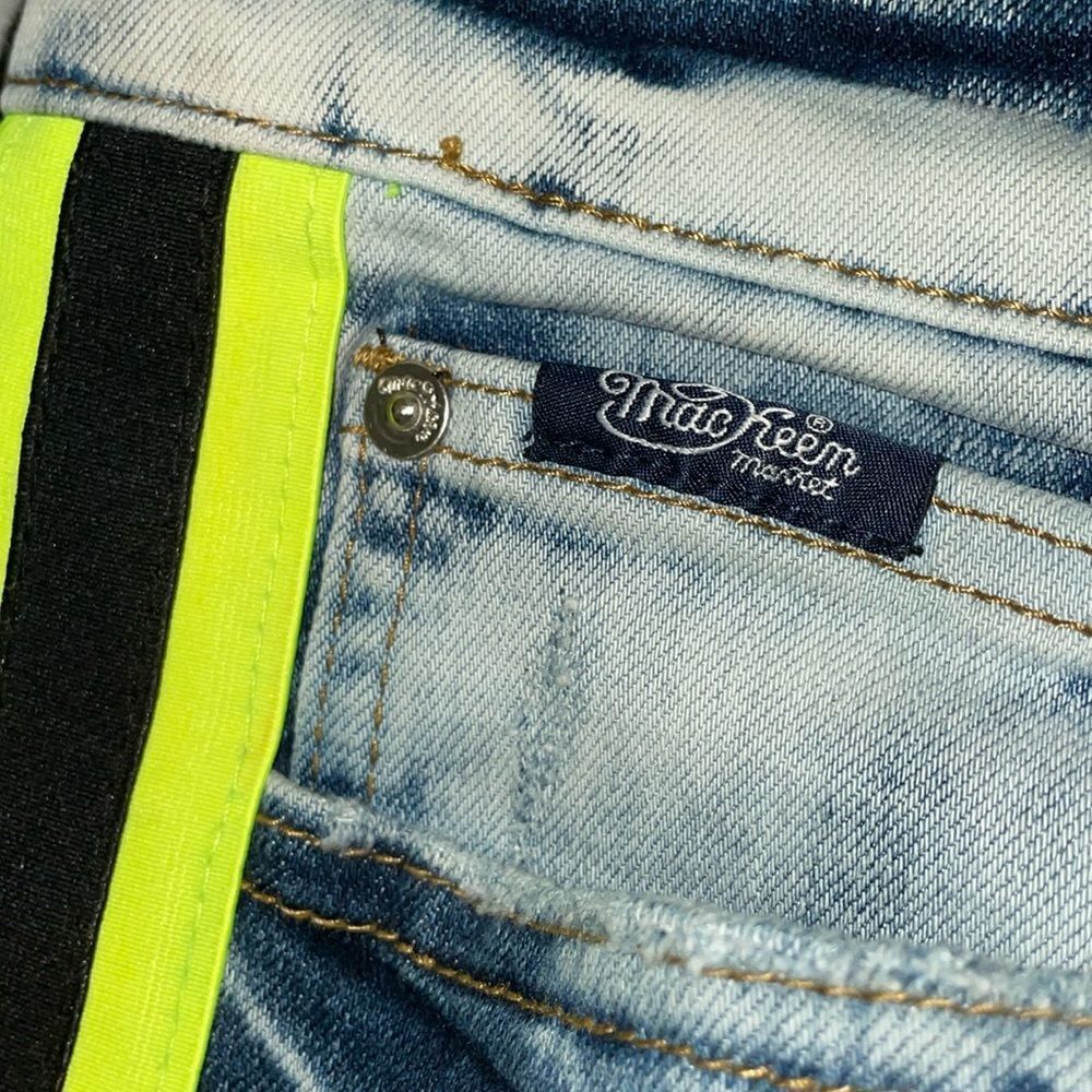 Mackeen market men’s striped neon green ripped skinny jeans Y2K acid wash size42 - Picture 9 of 14